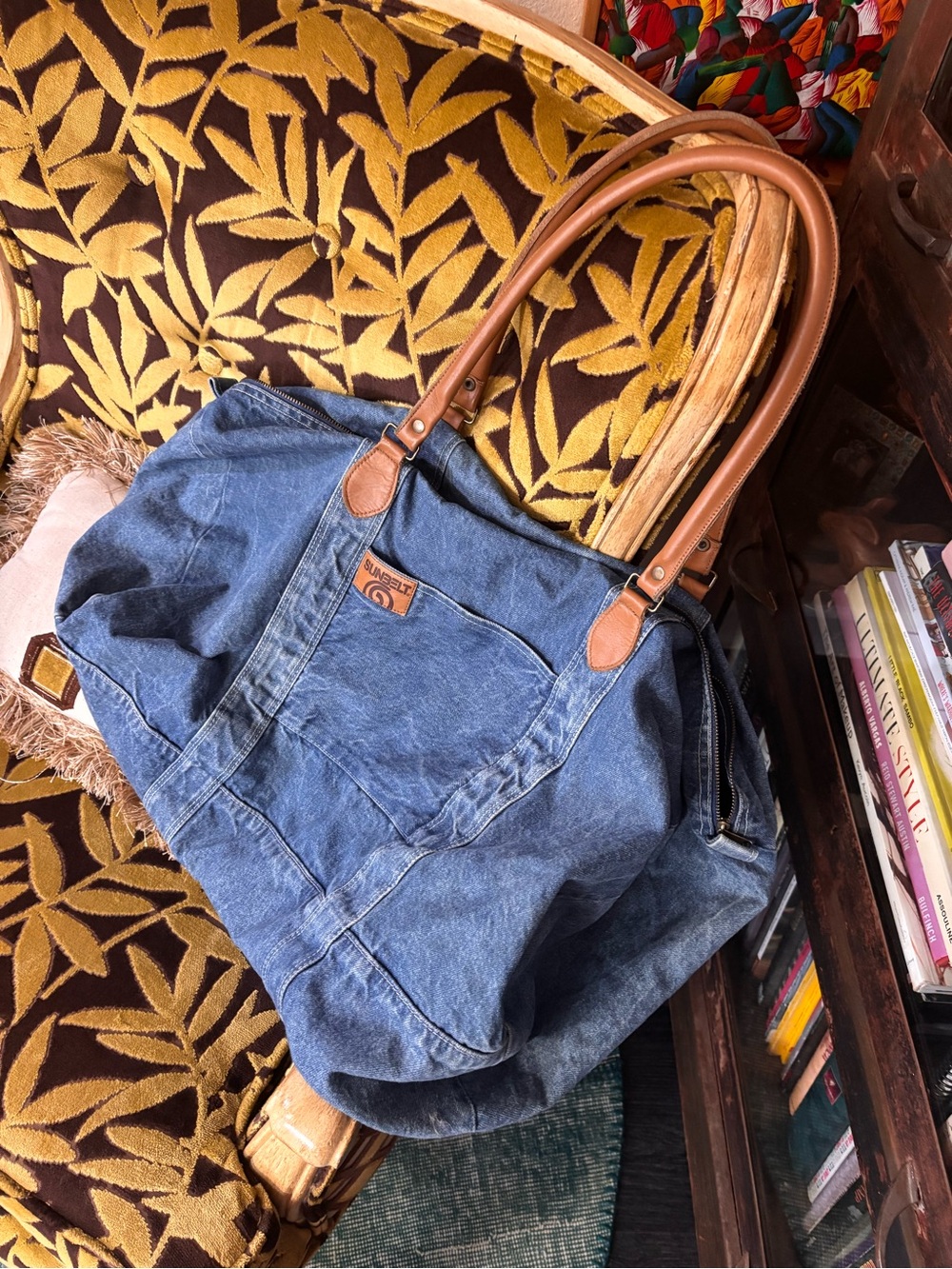 Vintage 80’s Sunbelt Blue Denim Tote with Brown Leather Handles